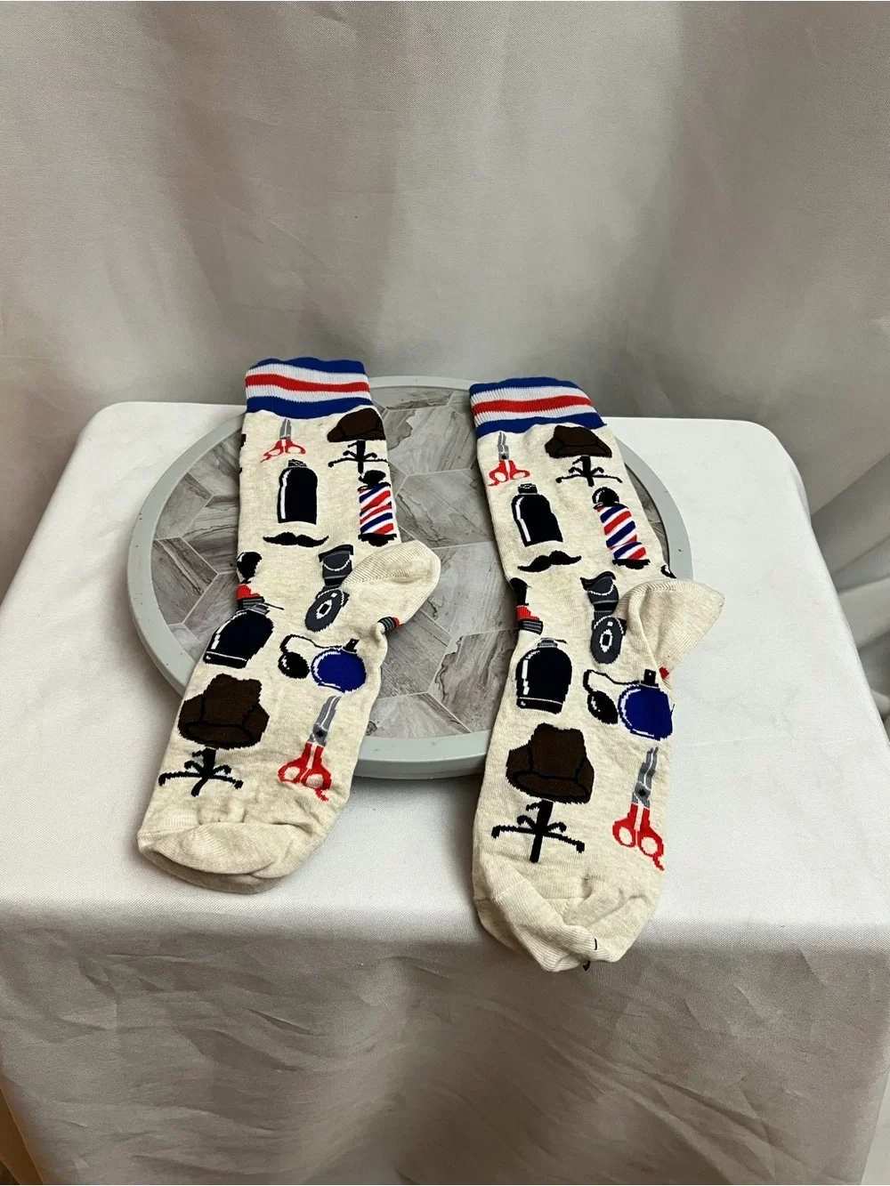 Novelty Barber Shop Crew Socks Hair Stylist Barber Pole Scissors Mustache
